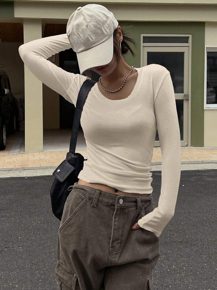 Solid Ribbed Knit Tee,Fall Clothes,Back To School Clothes Long Sleeve Women Tops