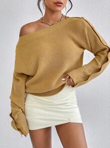 SHEIN Privé Båtkrage Ribbstickad Tröjor - Gul - Visa 6