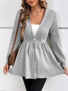 SHEIN Frenchy Solid Drawstring Waist Cardigan - Grey - View 4