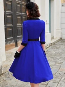 MUXXN Đầm Dây kéo Nút phía trước màu trơn Thanh lịch - Xanh đậm - Xem 2