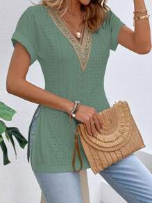 SHEIN LUNE Contrast Lace Batwing Sleeve Split Hem Tee - Green - View 5
