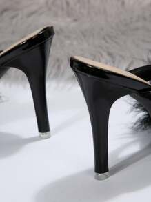 Ciabatte con tacco alto e soffici piume per donna, con punta affusolata e tacco a stiletto, sandali con punta chiusa in stile europeo - nero - Visualizzare 5