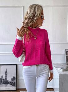 SHEIN Essnce 拼接邊小高領套頭毛衣 - 玫紅色 - 查看 3