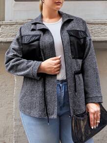 RueChic Plus Flap Pocket Drop Shoulder Zipper Front Overcoat - Dark Grey - View 1