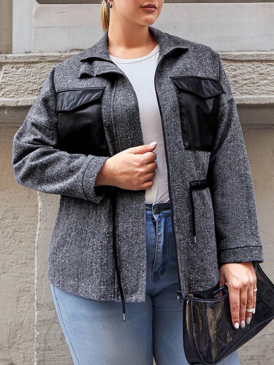 RueChic Plus Flap Pocket Drop Shoulder Zipper Front Overcoat - Dark Grey - View 1