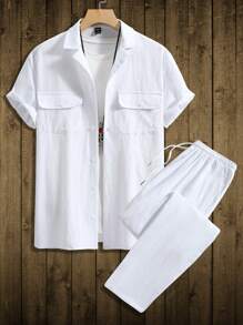 Manfinity Homme Men Flap Pocket Shirt & Drawstring Waist Pants Without Tee - White - View 1