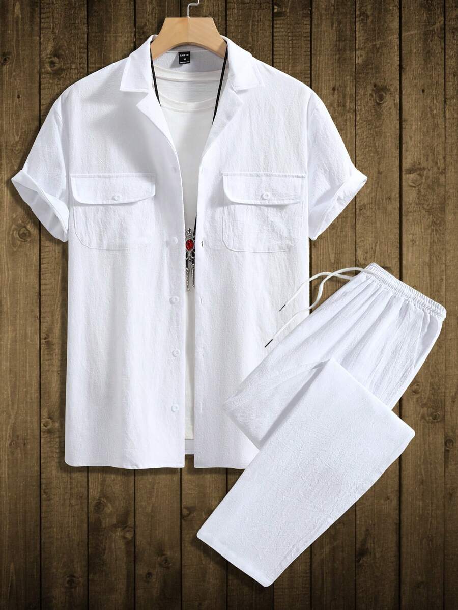 Manfinity Homme Men Flap Pocket Shirt & Drawstring Waist Pants Without Tee - White - View 1