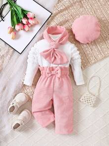 Baby Girl Mock Neck Tee & Bow Front Pants & Hat & Scarf