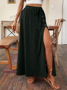 SHEIN VCAY Falda cruzada de talle alto con diseño de botón con nudo lateral - Negro - Ver 3