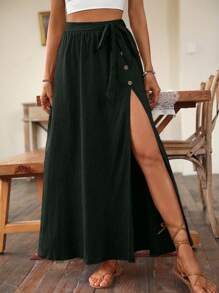 SHEIN VCAY Falda cruzada de talle alto con diseño de botón con nudo lateral - Negro - Ver 5