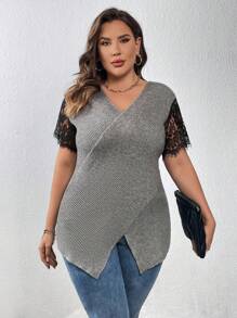 SHEIN LUNE Plus Contrast Lace Wrap Hem Sweater Knit Pullover Fall Winter Sweater - Grey - View 6