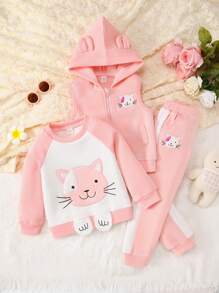 SHEIN Young Girl Embroidery Cartoon Pattern Raglan Sleeve Pullover & Sweatpants & 3D Ear Design Thermal Lined Hooded Jacket