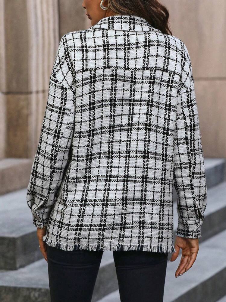 Plaid Print Drop Shoulder Raw Cut Coat Fall Cloth For Women