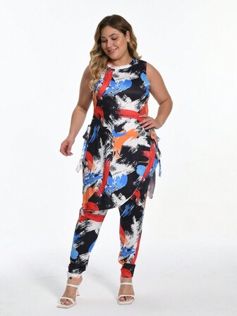 Plus Brush Print Knot Side Tank Top & Pants