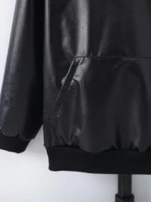 SHEIN Cậu bé Tween Thư được vá Túi kangaroo áo có mũ Da giả - màu đen - Xem 5