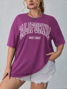 SHEIN EZwear Plus Letter Graphic Drop Shoulder California Tee - Hot Pink - View 3