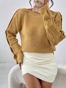 SHEIN Privé Båtkrage Ribbstickad Tröjor - Gul - Visa 5