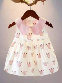 女嬰皇冠圖案彼得潘領娃娃裙 - 杏色 - 查看 1