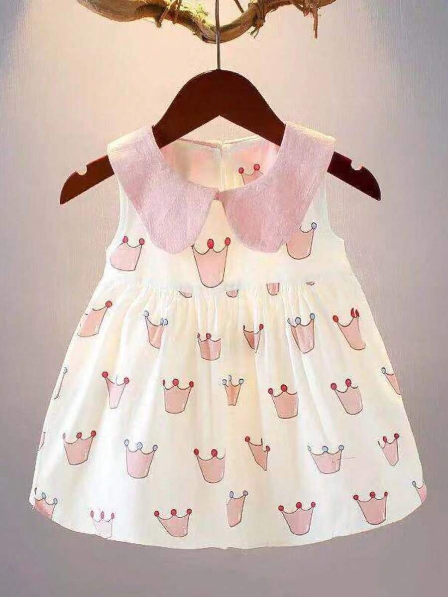 女嬰皇冠圖案彼得潘領娃娃裙 - 杏色 - 查看 1