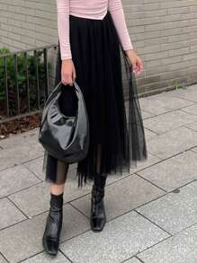 DAZY Solid Mesh Overlay Skirt