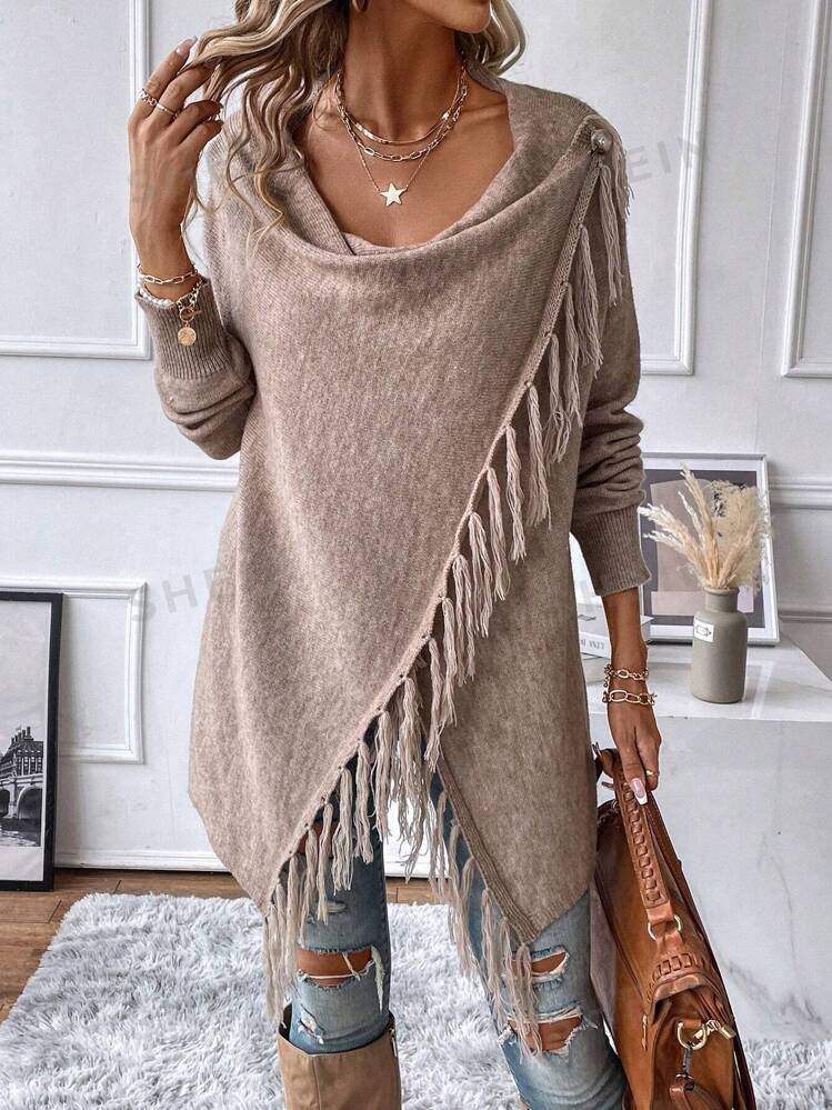 SHEIN LUNE Fringe Trim Draped Collar Wrap Cardigan