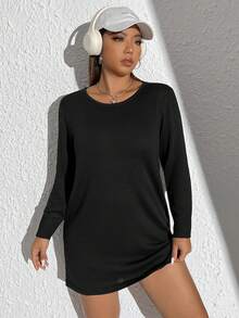 SHEIN EZwear Hơn Chất rắn Cắt bỏ trở lại Đầm Áo len - màu đen - Xem 2