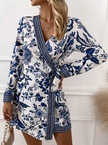 SHEIN LUNE 印花圍裹側打結連身短褲 - 藍色 - 查看 6