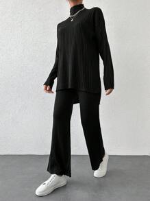 EURMUSE Mock Neck Drop Shoulder Split Hem Tee & Pants - Black - View 4