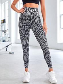 Zebra Striped Print Wideband Waist Sports Leggings - Multicolor - View 5