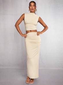 SHEIN X Jessie SHEIN BAE Mock Neck Tank Top & Ruched Skirt - Apricot - View 3