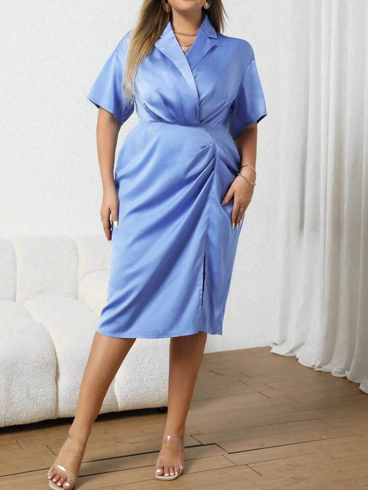 Plus Lapel Neck Ruched Split Thigh Satin Dress