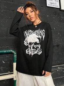 SHEIN Coolane 骷髏頭和字母圖案落肩T恤 - 黑色 - 查看 4
