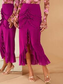 SHEIN BAE Frill Trim Split Thigh Ruffle Hem Skirt - Red Violet - View 2