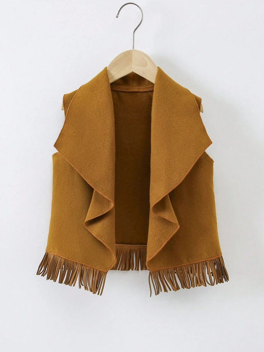 SHEIN Elladie kids Young Girl Waterfall Collar Fringe Trim Open Front Vest Overcoat