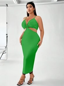 Celure Plus Cut Out Waist Cami Bodycon Dress - Green - View 3