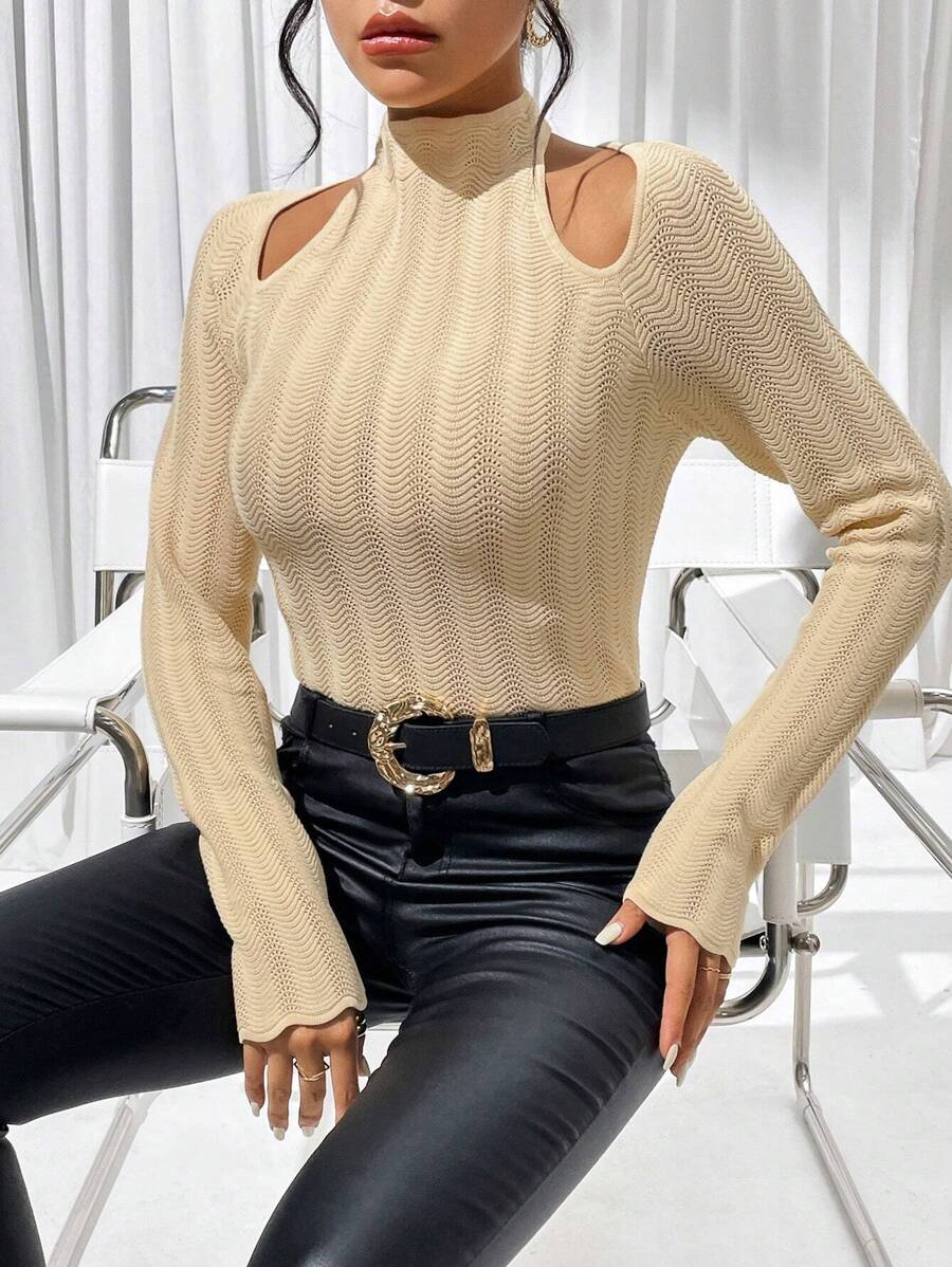 SHEIN Privé Cut Out Raglan Sleeve Sweater - Khaki - View 1