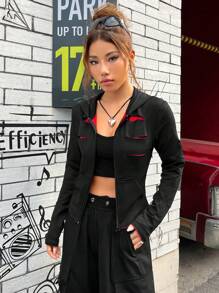 SHEIN EZwear 拉鏈開襟連帽夾克 - 黑色 - 查看 5