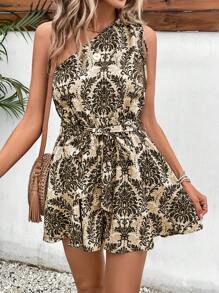 SHEIN Frenchy 滿版印花單肩荷葉邊腰帶連身短褲 - 咖啡棕 - 查看 5