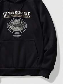 ROMWE MEN Street Life 男士字母圖案插肩袖抽繩連帽衫 - 黑色 - 查看 3