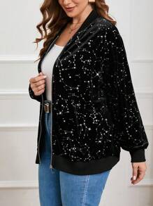 SHEIN Essnce Plus Star Pattern Zip Up Velvet Bomber Jacket - Black - View 3