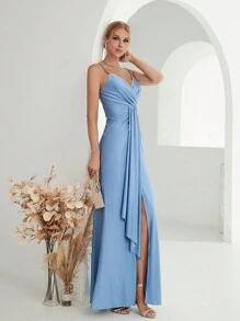 Draped Split Thigh Bridesmaid Dress - Dusty Blue - View 1