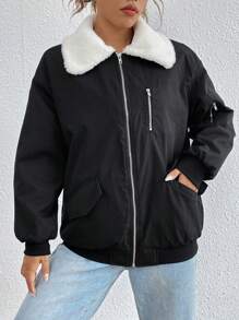 SHEIN EZwear Gewatteerde jas met borgkraag, klepzak, verlaagde schouder en ritssluiting aan de voorkant