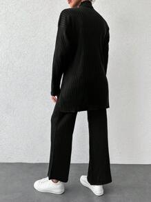 EURMUSE Mock Neck Drop Shoulder Split Hem Tee & Pants - Black - View 2