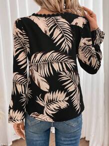 SHEIN Frenchy Tropical Print Guipure Lace Trim Lantern Sleeve Blouse - Black - View 2