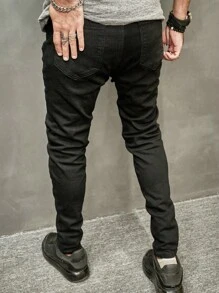 Manfinity 男士棉花卉和字母刺繡牛仔褲 - 黑色 - 查看 2