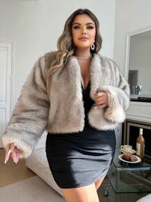 SHEIN BAE Áo khoác lông giả Ombre thời trang cỡ lớn, mùa thu/đông - Màu Khaki - Xem 1