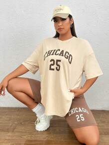 SHEIN EZwear 大碼字母圖案落肩T恤&騎行褲 - 彩色 - 查看 7
