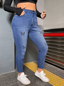 SHEIN ICON Plus Butterfly Print Skinny Jeans - Dark Wash - View 6