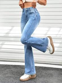 SHEIN PETITE 斜口袋牛仔喇叭褲 - 淺色水洗藍 - 查看 1