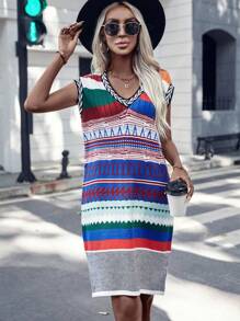 SHEIN Clasi Geo Pattern Batwing Sleeve Sweater Dress - Multicolor - View 5
